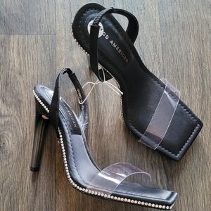 Good American Crystal Crush Lucite Rhinestone Stiletto Sandal- Black/Clear